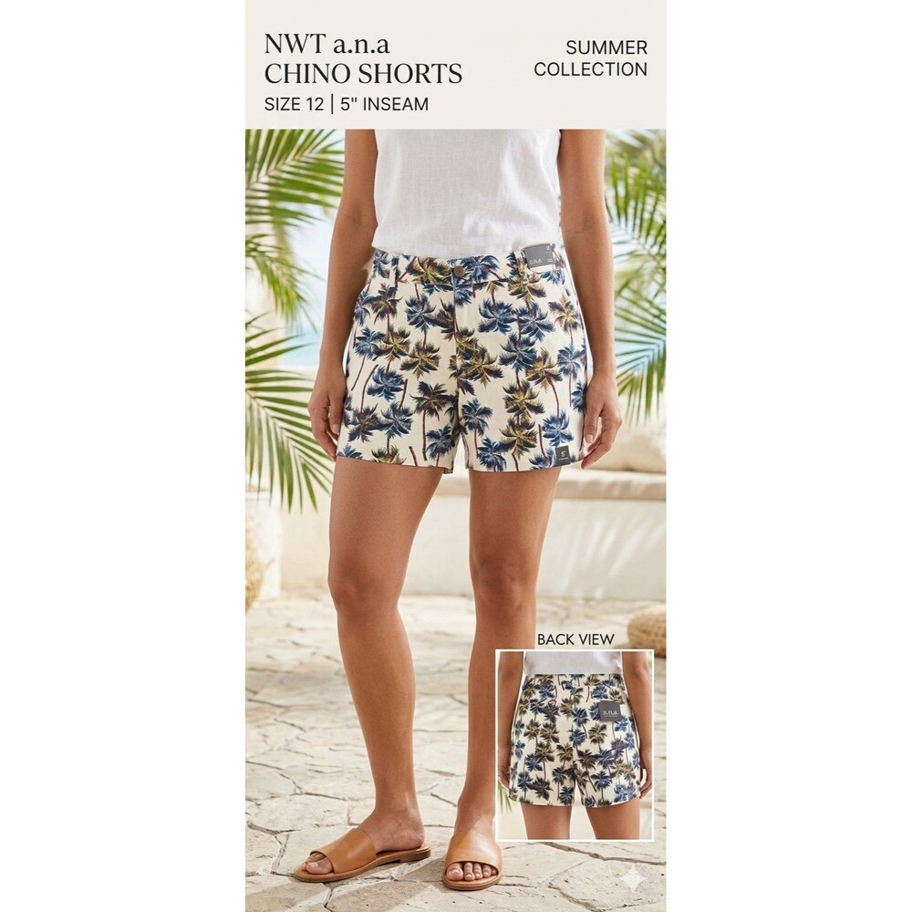 ANA Womens Size 12 Shorts Palm Leaf Print Green Chino Bermuda 5" Inseam NWT